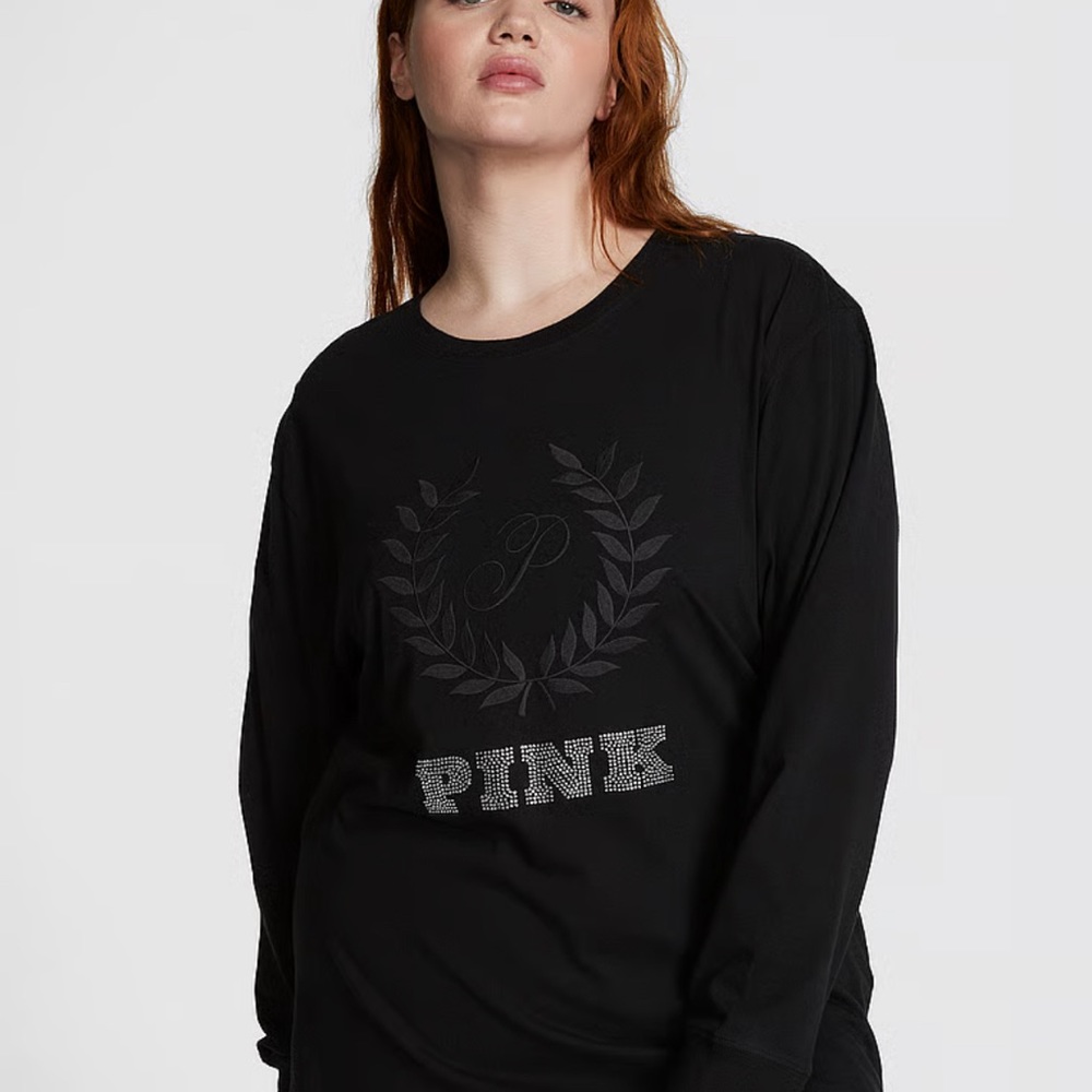 **SOLD OUT** VS PINK LARGE Long Sleeve Black Campus Tee With Bling Shine Logo